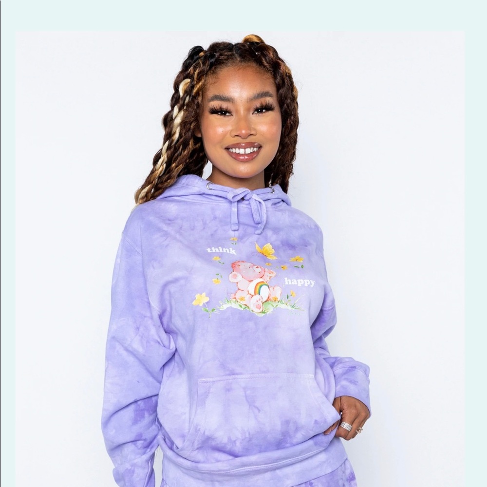 By Samii Ryan Think Happy purple tie dyed Care bear hoodie. Size xl NWOT
